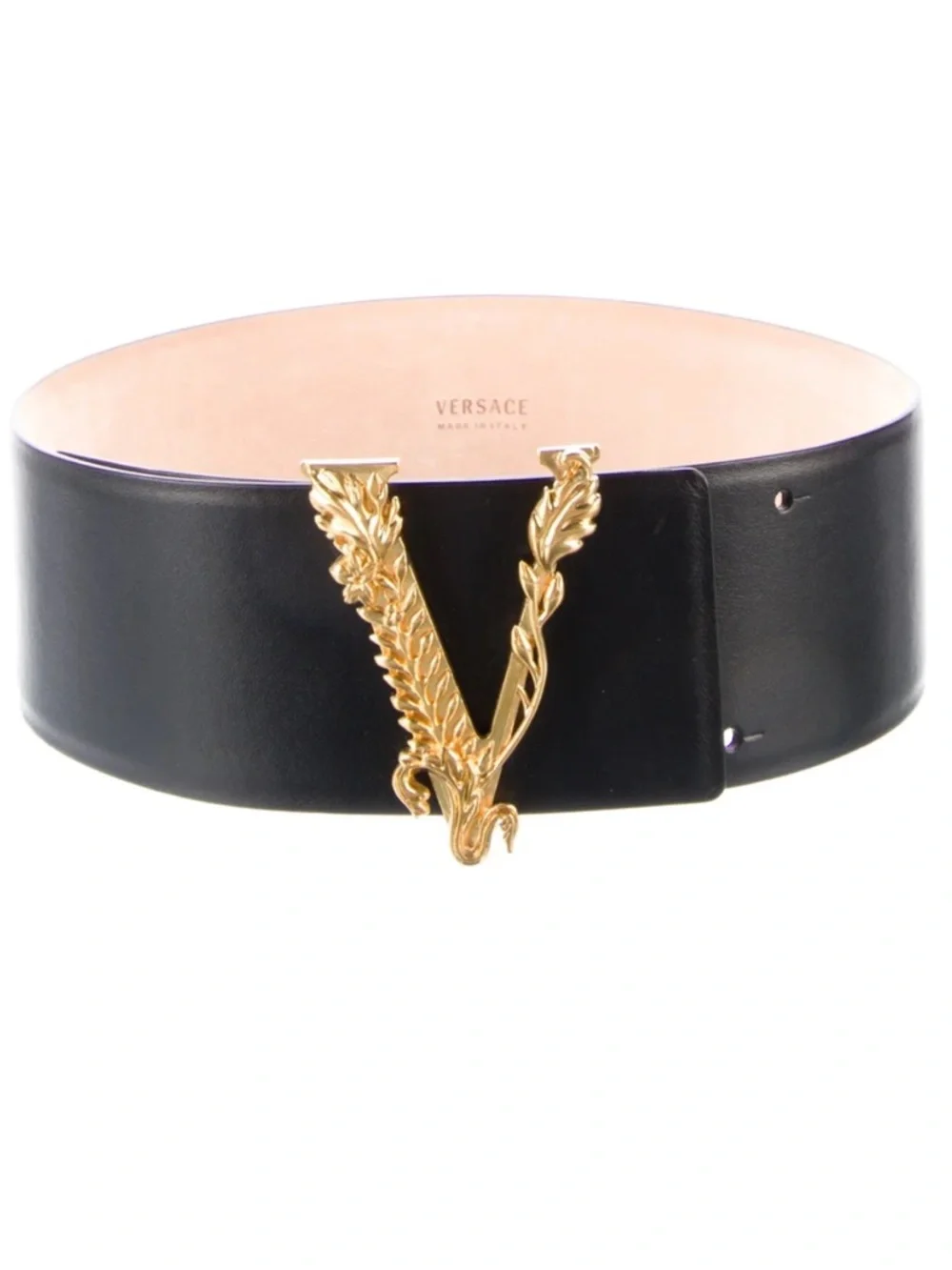 Versace Virtus Black Leather Waist Belt with Gold V Buckle - Picture 2 of 7
